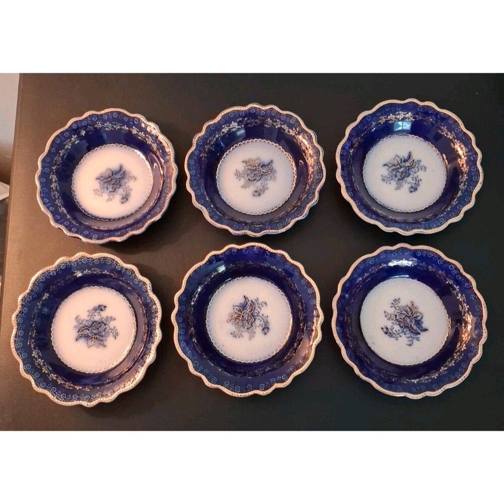 Antique W.H Grindley Blue Rose Pattern Flow Blue Small Bowls Lot Of 6
